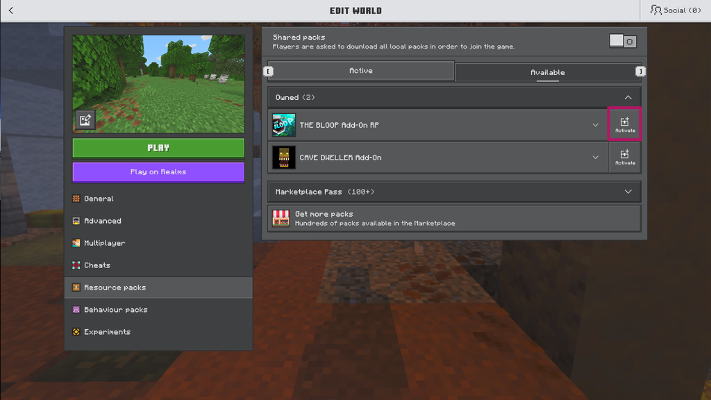 今あるワールドの編集画面で「Resource packs」のタブを開いたところ