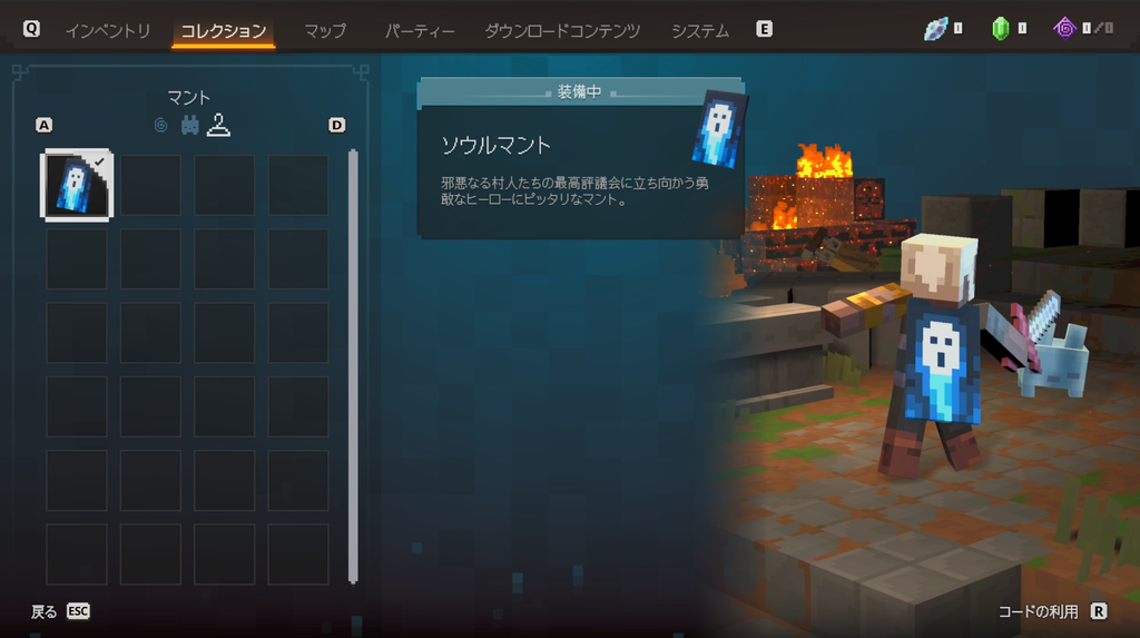 コレクションでソウルマントを装備しているところ