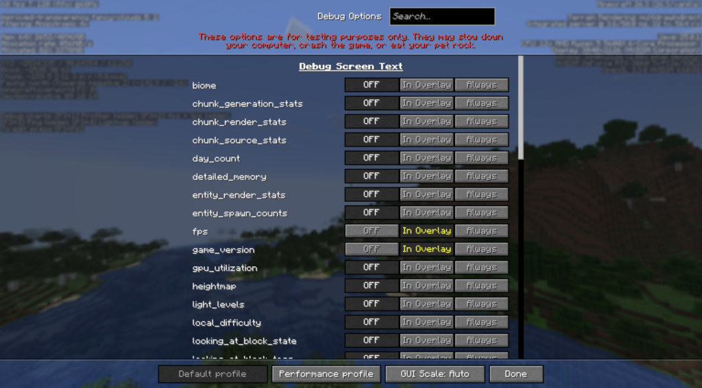 F3+F6で開いたDebug Optionsの画面